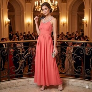 F.I.E.S.T.A. Fashion Gown Women XL Coral Pearl Rhinestone Embellished Maxi Dress